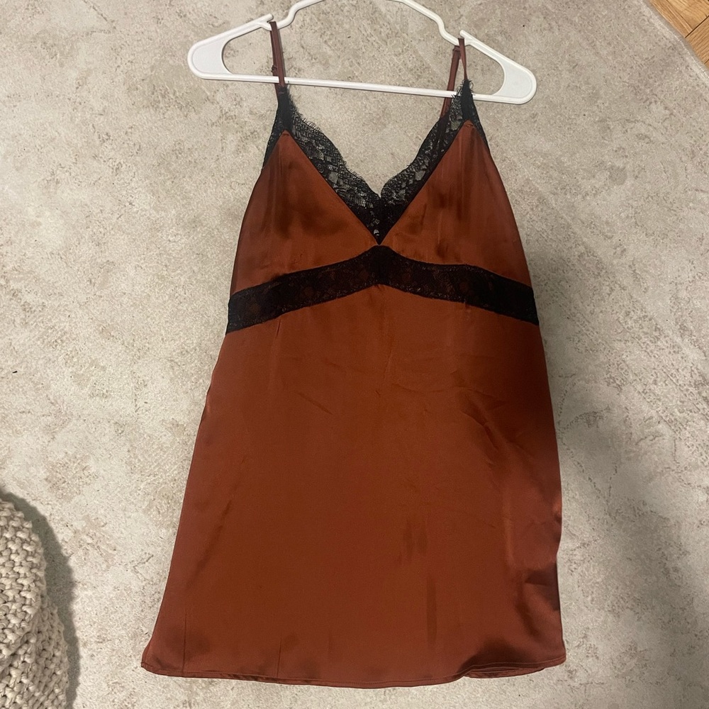 Rust and black lace slip dress